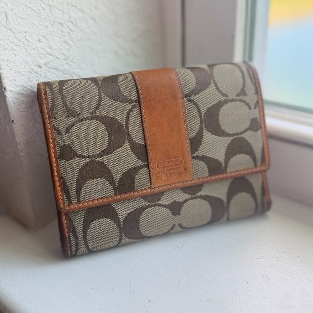 Coach Classic Monogram Brown Leather and Canvas Tri-Fold Wallet